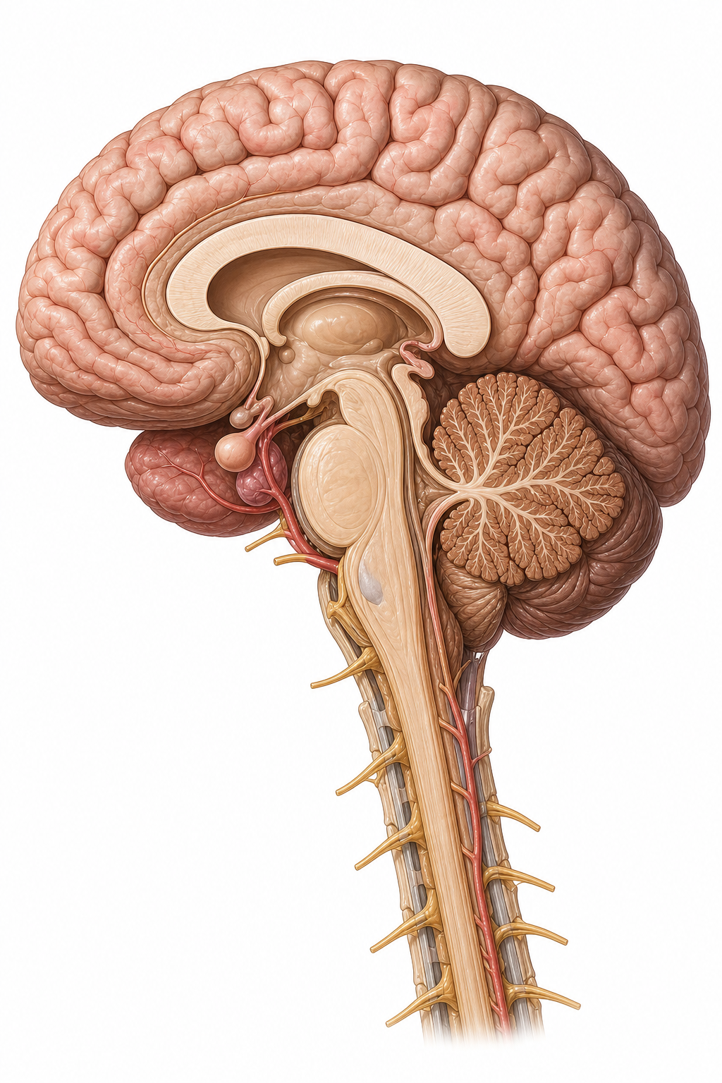 Midsagittal brain overview showing cerebrum, cerebellum, brainstem, and upper cervical cord