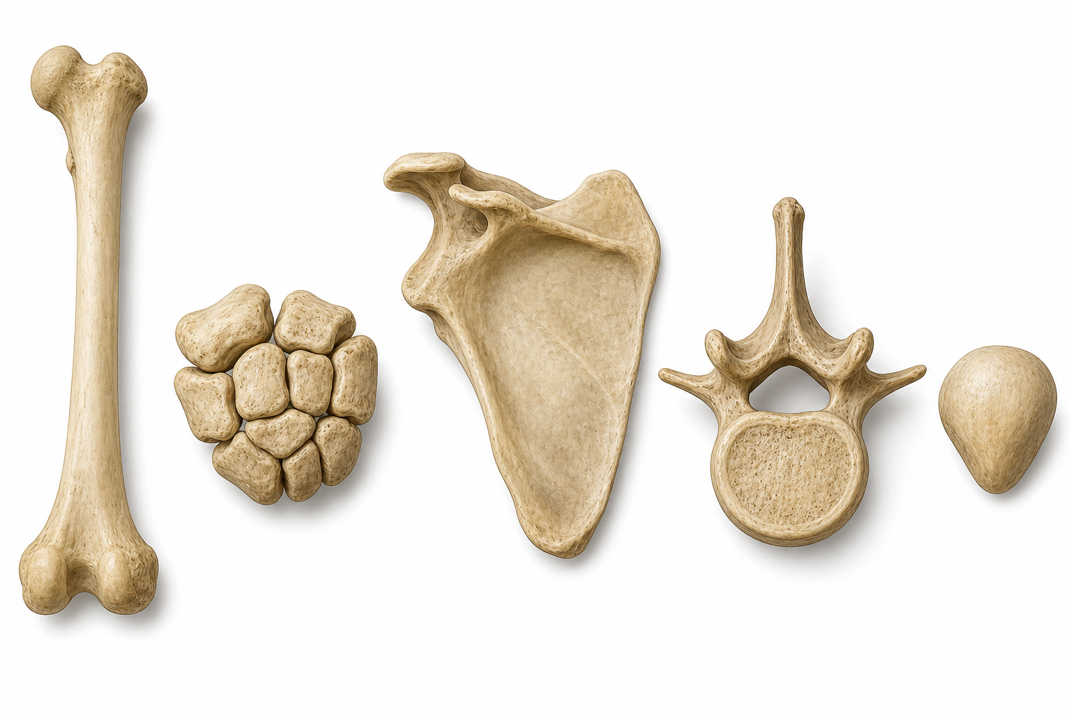 Comparison plate of long, short, flat, irregular, and sesamoid bones